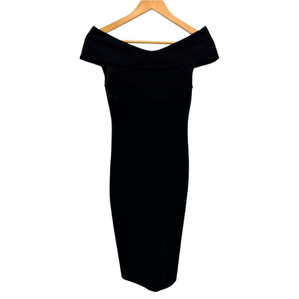 Dress the Population Black Off the Shoulder Midi Sheath Dress S NWT Textured LBD